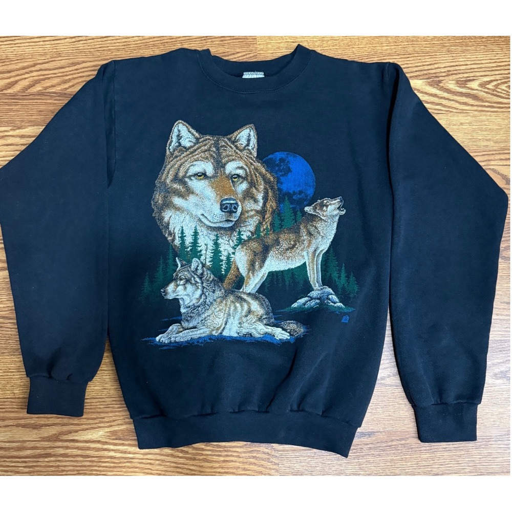 Vintage 90s Tultex Wolf Moon Sweatshirt M USA Made Wildlife Graphic Black